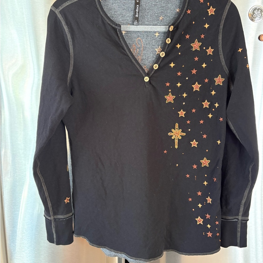 Alp N Rock Black V-Neck Sweater with Star Embroidery